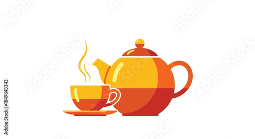 Steaming hot tea in a cup next to a vibrant teapot.