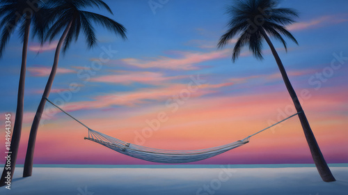 Tranquil Sunset Hammock: A serene beach scene at dusk, featuring a hammock strung between two palm trees, against a backdrop of a vibrant sunset sky, inviting relaxation.