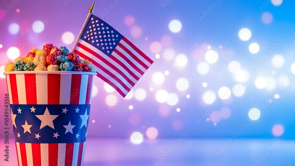 Obraz premium American Popcorn Bucket with Flag on Patriotic Background