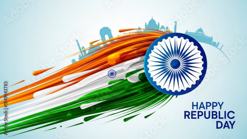 Indian flag colors flowing with iconic landmarks celebrating Republic Day and national pride with a modern vector design