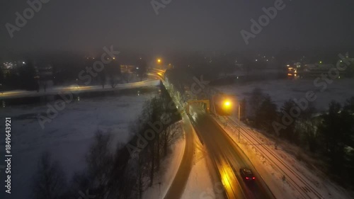 Dark December foggy morning aerial view in Oulu, Finland
