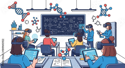 Students learning science with virtual reality and augmented reality in modern classroom.