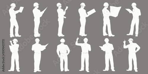 Silhouettes of construction workers in various poses and uniforms