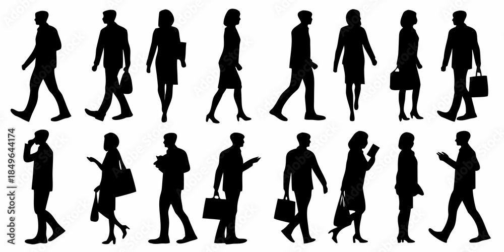 Obraz premium Diverse group of people silhouettes walking and interacting in urban settings