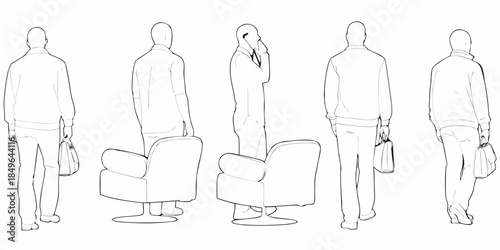 Line art illustration depicting people and furniture in a minimalist style