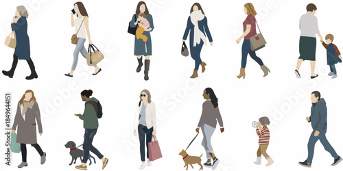 Diverse group of people walking illustrated figures in a flat design style