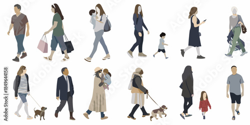 Minimalist figures of people walking with variations in posture and clothing