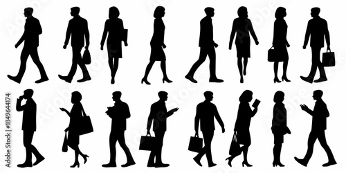 Diverse group of people silhouettes walking and interacting in urban settings