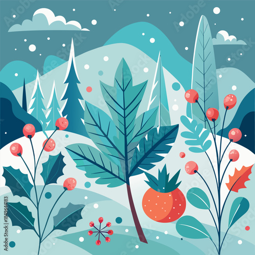 A cozy winter night illustration with a small cabin glowing warmly in the snow, pine trees around it, mountains in the background, a crescent moon and stars in a deep blue sky, flat vector style, soft