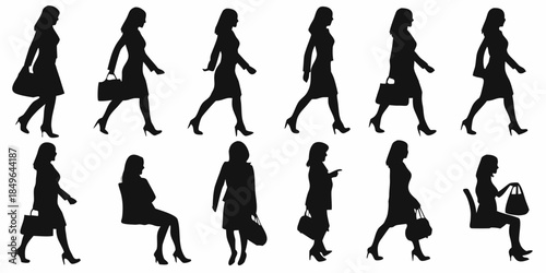 Silhouettes of a woman walking and posing in various positions