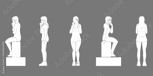 Five monochrome illustrations of a woman in various contemplative poses
