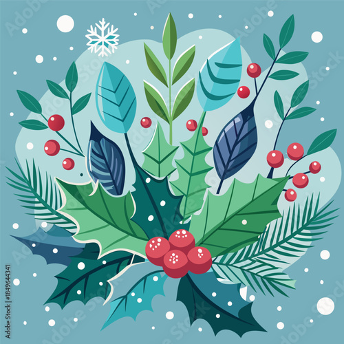 A cozy winter night illustration with a small cabin glowing warmly in the snow, pine trees around it, mountains in the background, a crescent moon and stars in a deep blue sky, flat vector style, soft