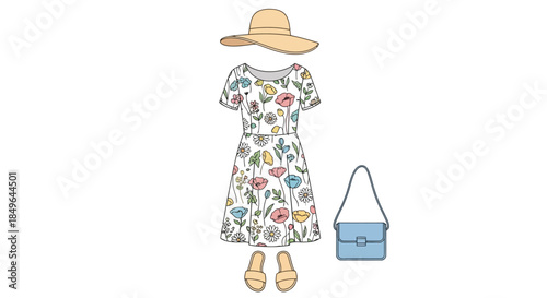Summer Outfit Flat Lay with Floral Dress and Accessories.