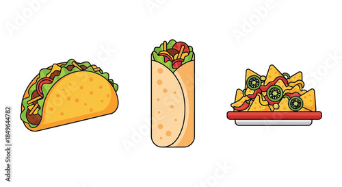 Delicious Mexican Food Collection - Taco, Burrito, and Nachos.