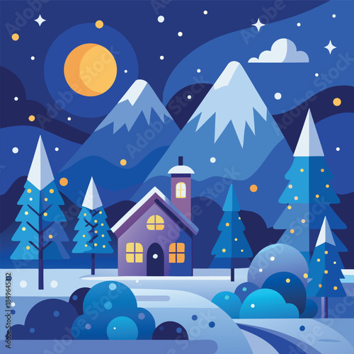 A cozy winter night illustration with a small cabin glowing warmly in the snow, pine trees around it, mountains in the background, a crescent moon and stars in a deep blue sky, flat vector style, soft