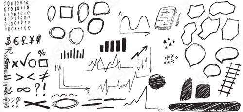 Hand drawn business collage elements with charts, symbols, and doodles in black, white, charcoal, ideal for New Year planning, Finance Day, and startup events. Vector illustration