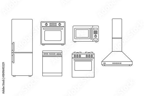 Outline kitchen appliance icons including blender, mixer, oven, microwave, cookware and utensils. Clean line style for UI, apps, web, and infographic design.