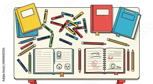 Top View of a Desk with School Supplies and Notebooks.
