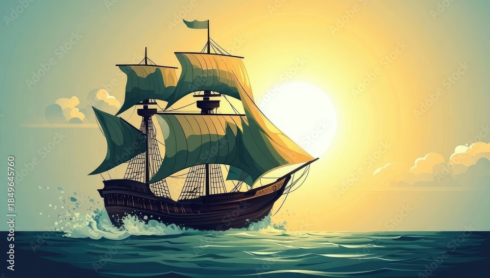 Naklejka premium Sailing ship, sun glowing