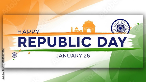 Happy Republic Day India January 26 celebration banner with Indian landmarks and Ashoka Chakra vector illustration for patriotic design