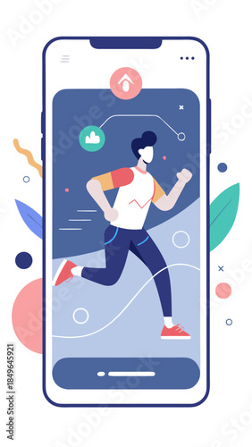 Fitness tracking app interface on smartphone showing a person running with health data icons