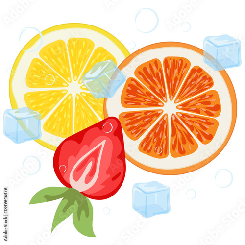 Fresh summer illustration with vibrant orange and lemon slices, a juicy strawberry, and cool ice cubes with bubbles on a white background.