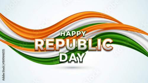 Happy Republic Day text with Indian flag colors flowing waves a patriotic design for national holidays and celebrations