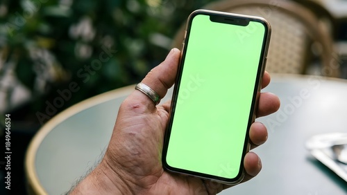 Hand holding smartphone with green screen outdoors.