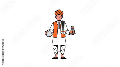 Indian man in traditional attire serving tea flat illustration for cultural concepts and travel isolated on white background