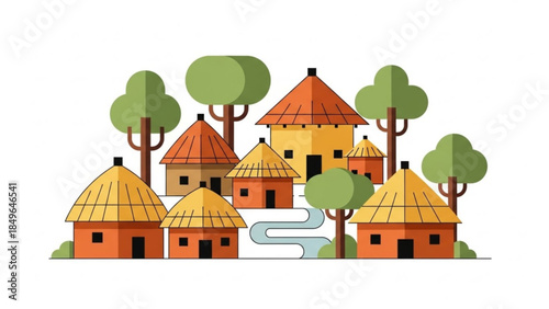 African village scene with traditional round huts and trees flat vector illustration representing rural life and community isolated on white