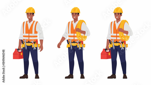 Three construction workers standing in a row wearing safety gear and holding tools against a plain white background