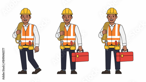Three construction workers in safety gear walking with toolboxes in a row