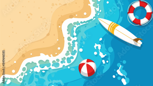 Aerial view of a serene beach with a surfboard, lifebuoy, and beach ball floating on calm waters
