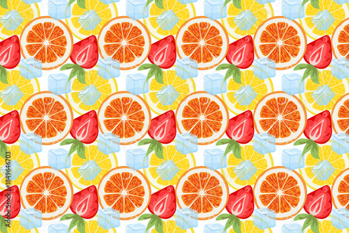 Refreshing seamless pattern featuring vibrant orange slices, juicy strawberries, and cool ice cubes. Perfect for summer-themed designs, textiles, and fresh juice packaging.