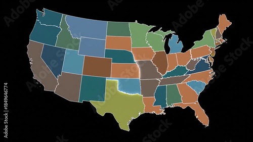 A colorful map of the contiguous US states on a black background, with Oklahoma highlighted