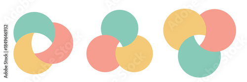 Round venn diagram set with three circle intersections for process flow, people relationship info or minimalist presentation slides.