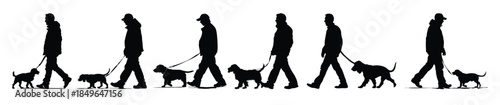 man walking a basset hound dog silhouette set 