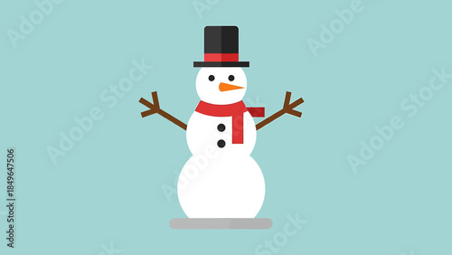 A friendly snowman figure is centered with wide stick arms, featuring a white body, orange nose, and dark buttons on a cool blue canvas.
