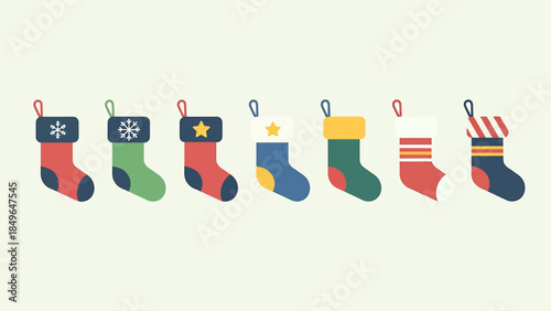 A row of seven distinct Christmas stockings in varying colors and patterns hangs neatly against a pale cream background for holiday decoration.