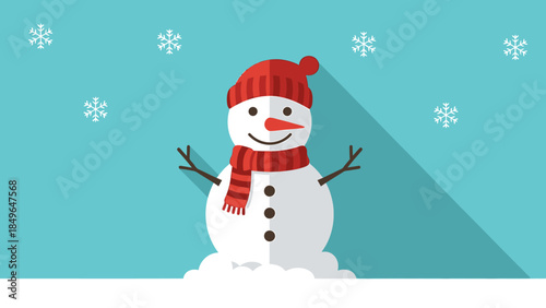 Cheerful cartoon snowman wearing a textured red knit hat and scarf stands smiling in falling white snowflakes against a bright turquoise sky.