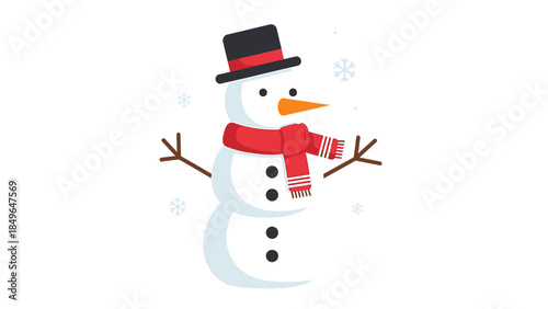 A cheerful snowman wears a black top hat with a red band and a striped red scarf while extending twig arms under light snowfall.