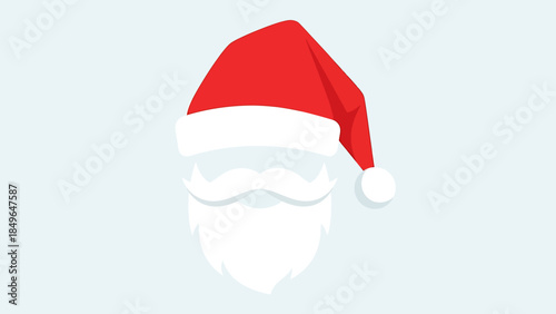 Flat lay of a Santa Claus face icon wearing a red hat on a light blue background with festive and minimalist design elements.