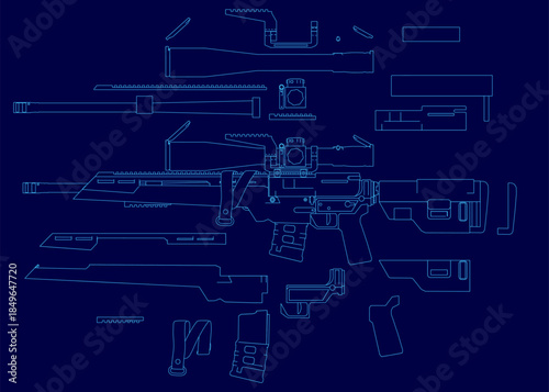 Modern sniper rifle blueprint on a blue background, displaying the detailed contour and technical parts of the weapon.