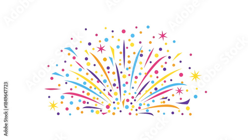 Colorful fireworks illustration with stars and dots on white background