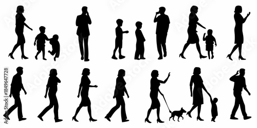 Silhouettes of people walking in various poses and group arrangements