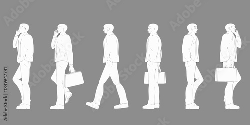 A series of sketches depicting a man walking and talking on a phone