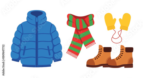 Winter Clothing and Footwear Set Illustration.