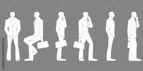 A series of white silhouettes depicting a businessman in various poses