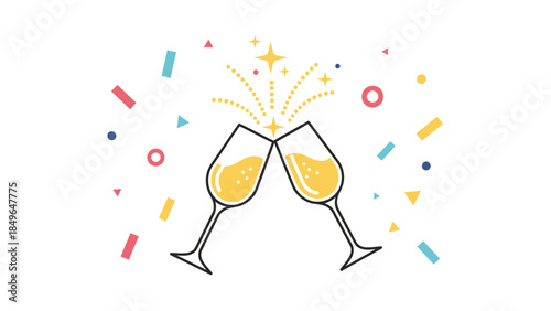 Flat illustration of champagne glasses clinking with colorful confetti on white background