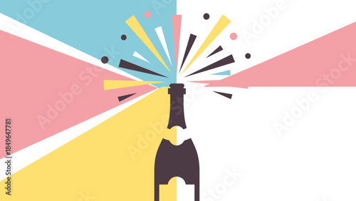 Flat lay of a champagne bottle popping with colorful confetti and abstract geometric shapes in a vibrant composition.